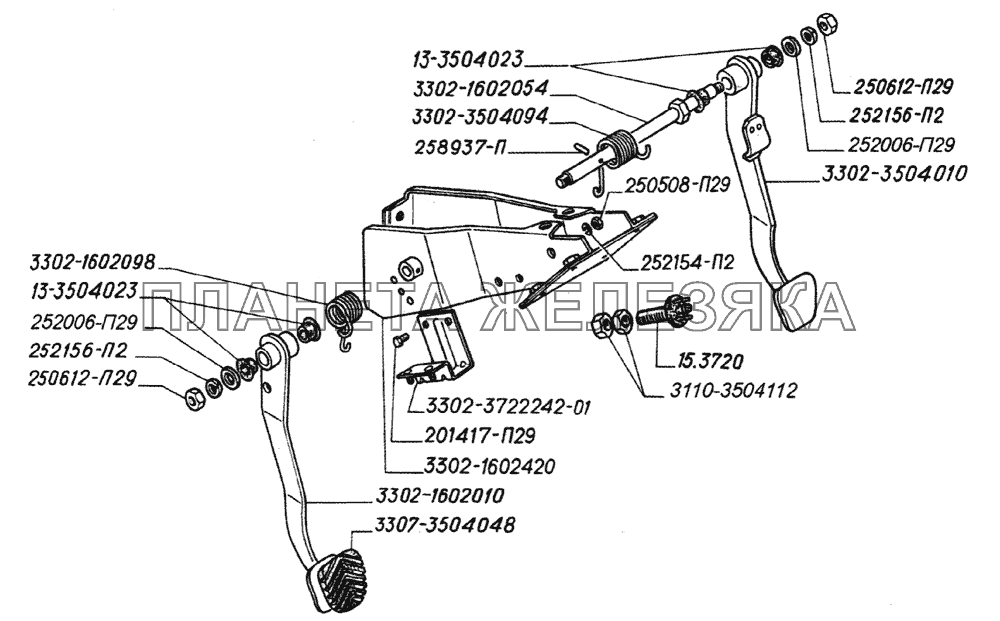 Педали сцепления и тормоза, выключатель сигнала торможения ГАЗ-2705 (дв. УМЗ-4215)